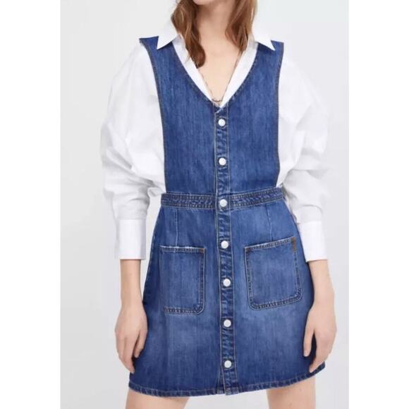 ZARA Denim Button-Front Pinafore Dress Women’s Medium | Patch Pocket Overall - Picture 1 of 12